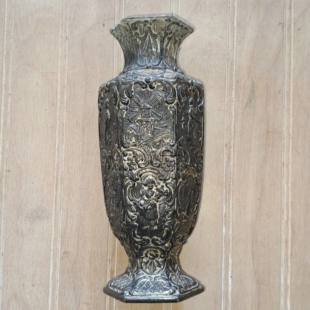 Vintage Old Dutch-Style Embossed Pewter Vase with Windmill & Figurine Motif